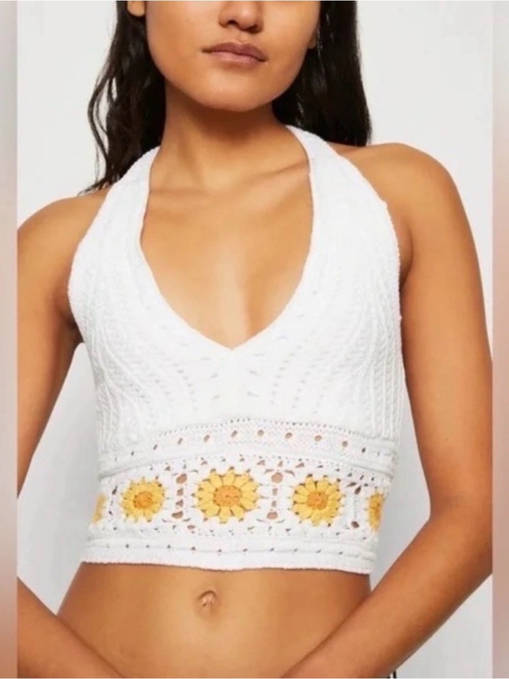 Hollister white crochet halter top sunflower granny square size: XS